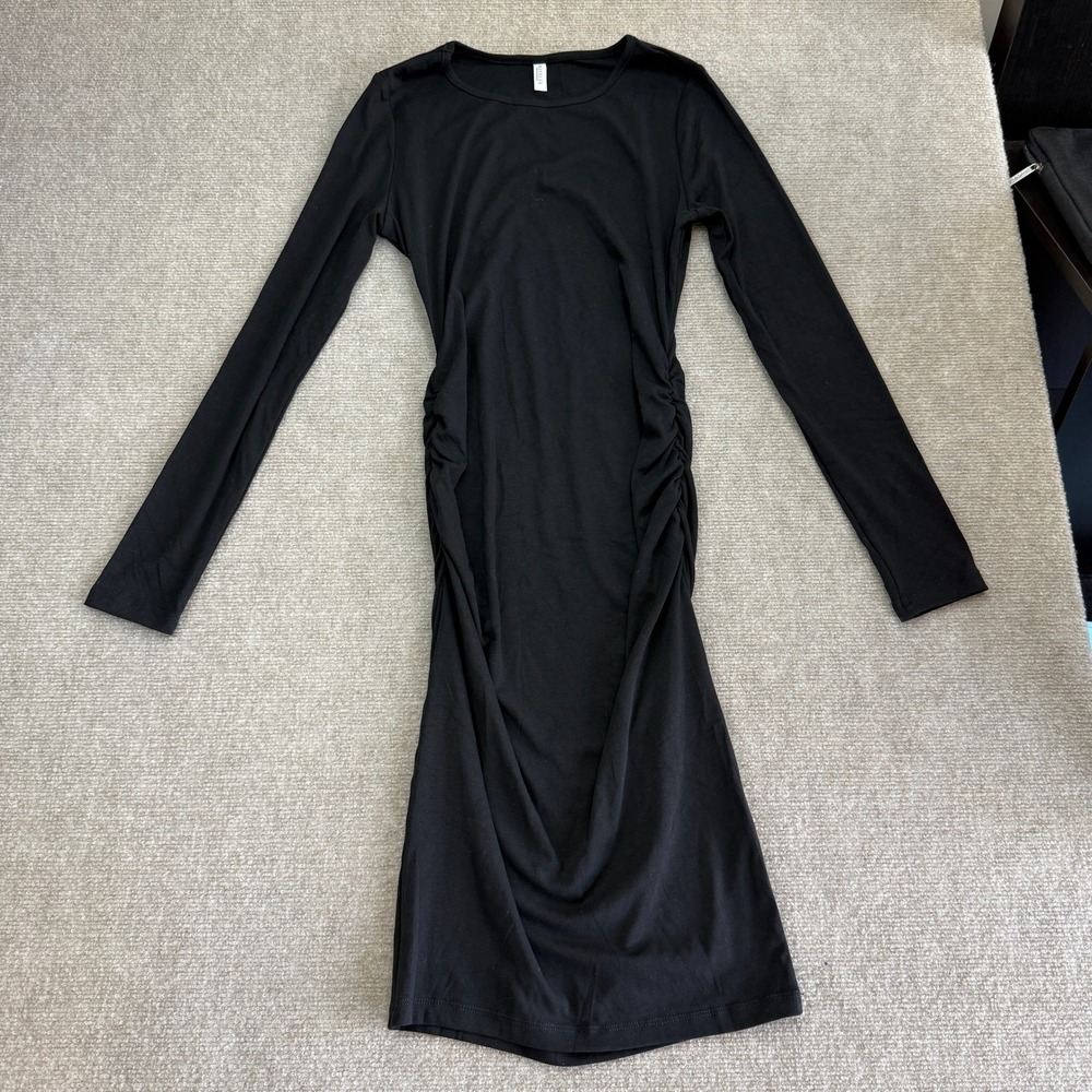 Missufe Women's M Black Long Sleeve Ruched Casual Sundress Bodycon Sheath Knee